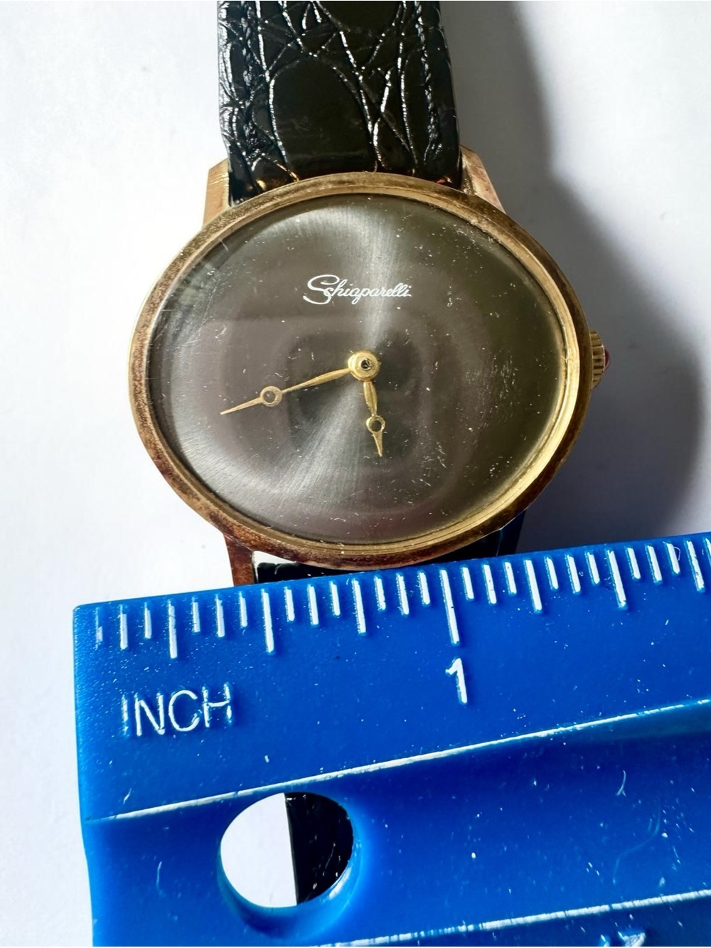 Vintage Schiaparelli Mechanical Watch Black Dial Cabochon Crown - Working - Picture 4 of 12